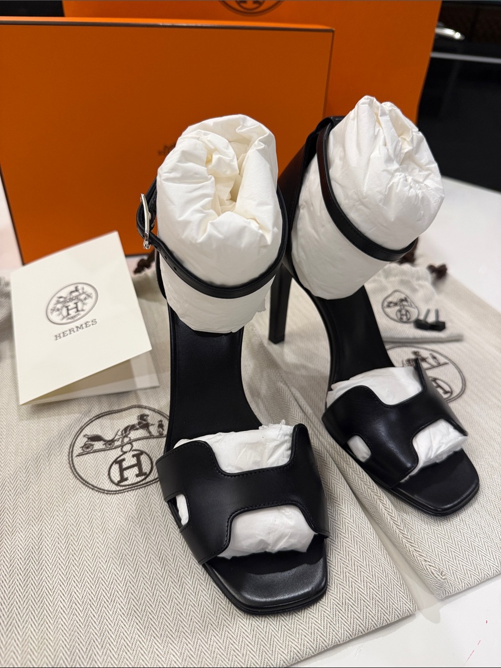 Hermes Black Leather Cutout High Heel Sandals